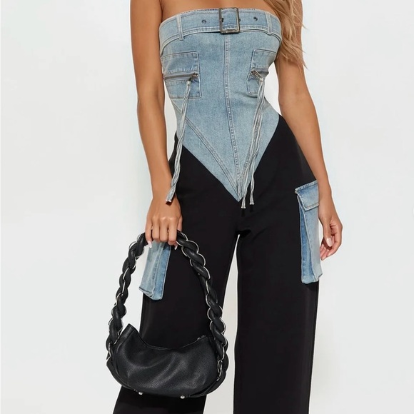 Fashion Nova Pants - Women's Black and Blue Denim Corset jumpsuit
